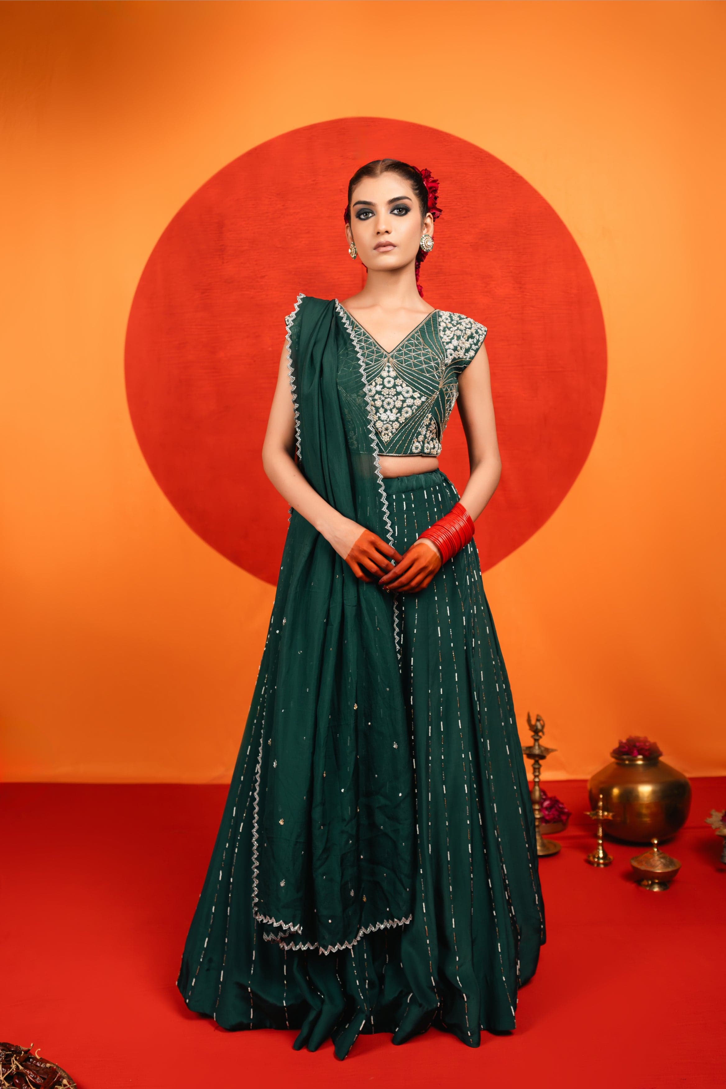 Green Embroidered Lehenga Set — view 1