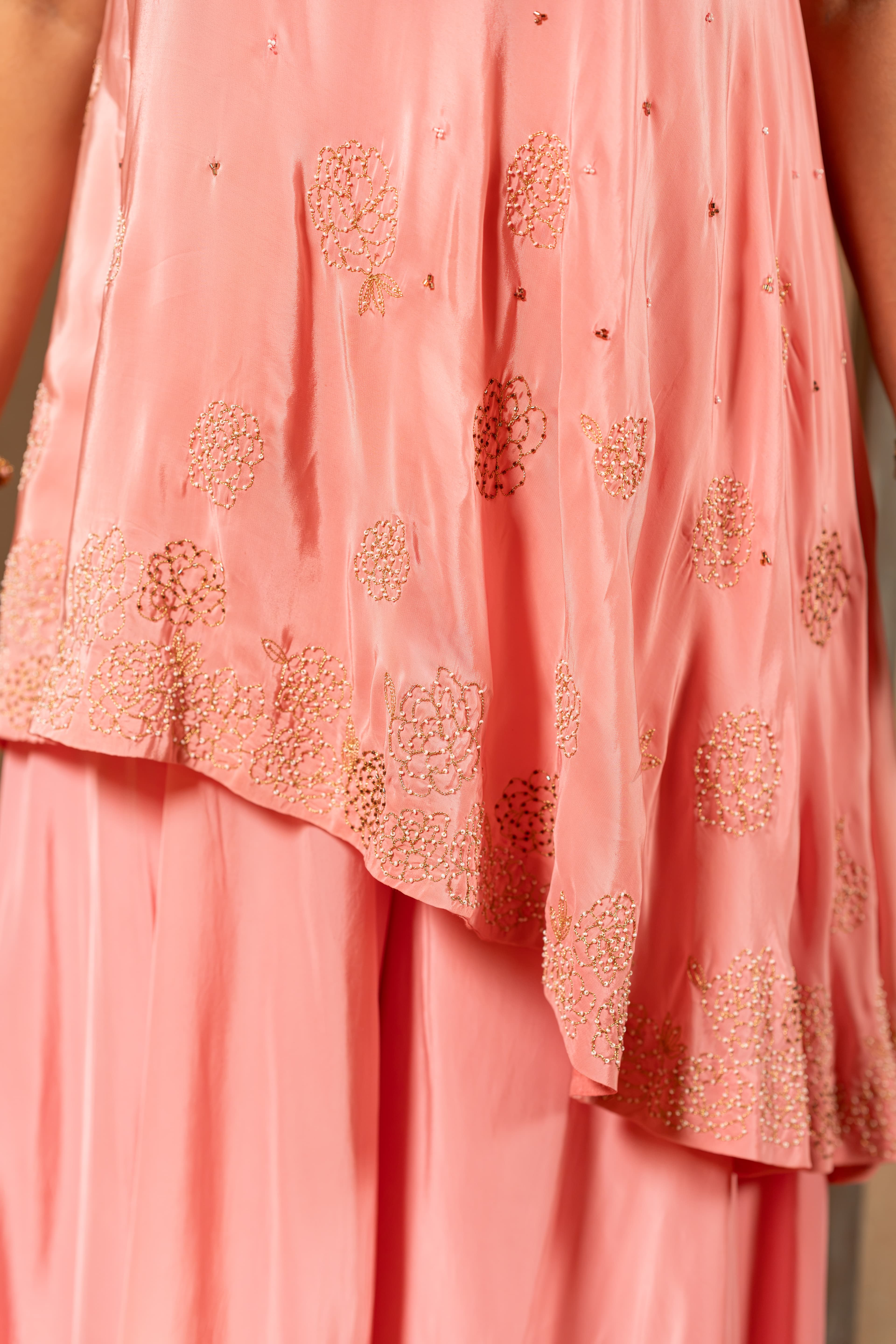 Craftsmanship detail — Baby Pink One shoulder IndoWestern outfit with Handwork