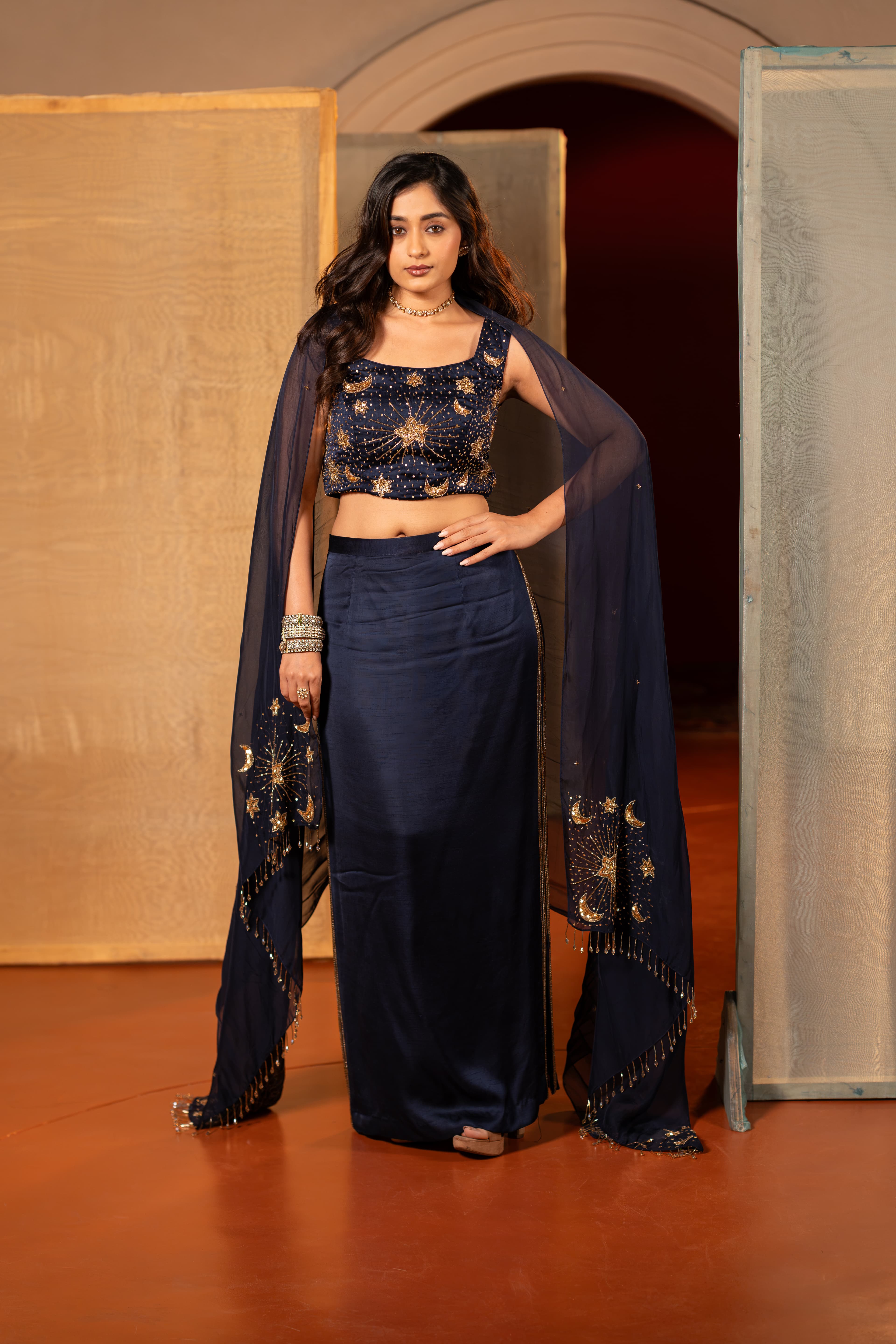 Navy Blue three-piece indowestern set with celestial-inspired handwork of stars and crescent moons.