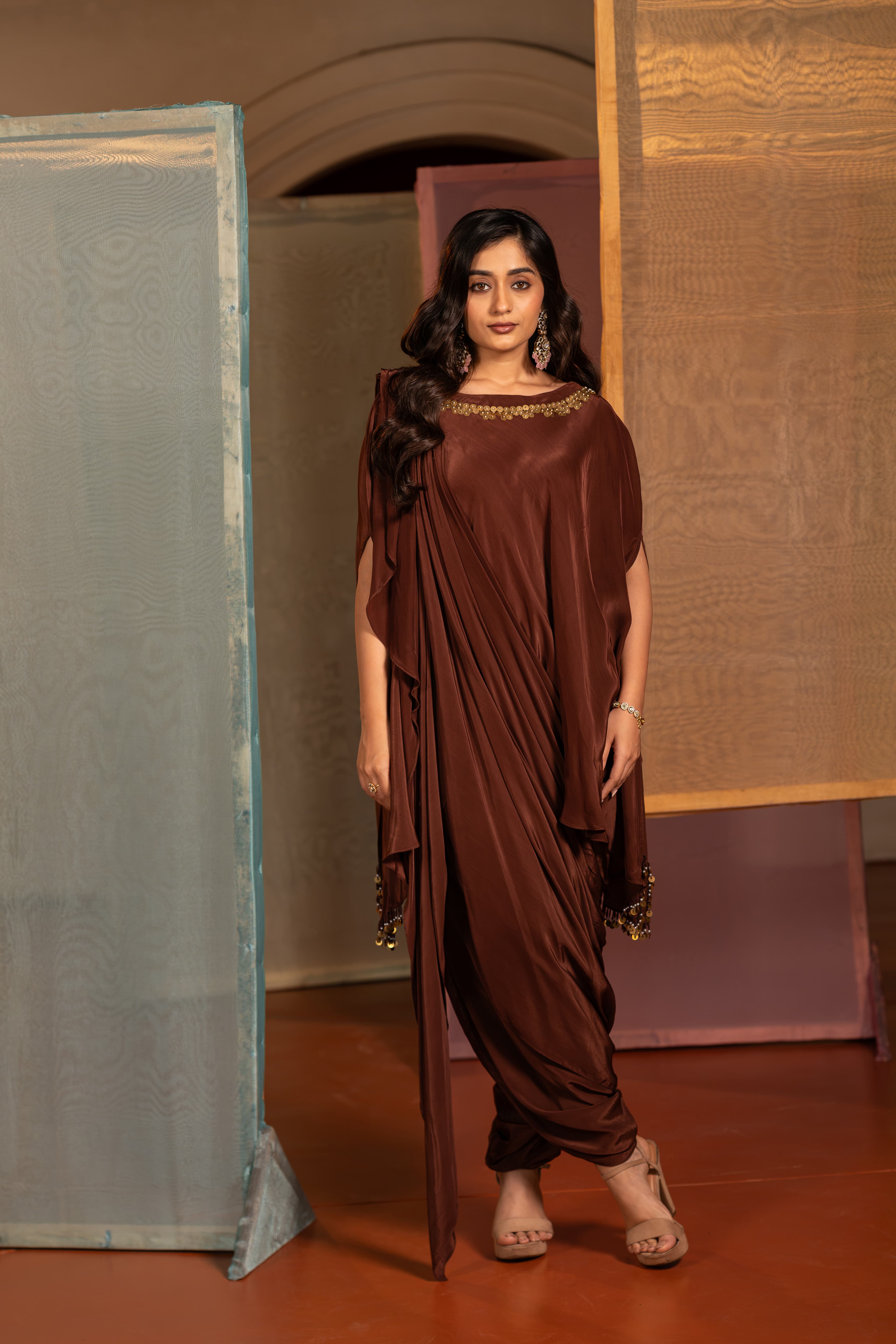 Dark Brown Draped Indo Western 3-piece set with coin embellishment detailing.
