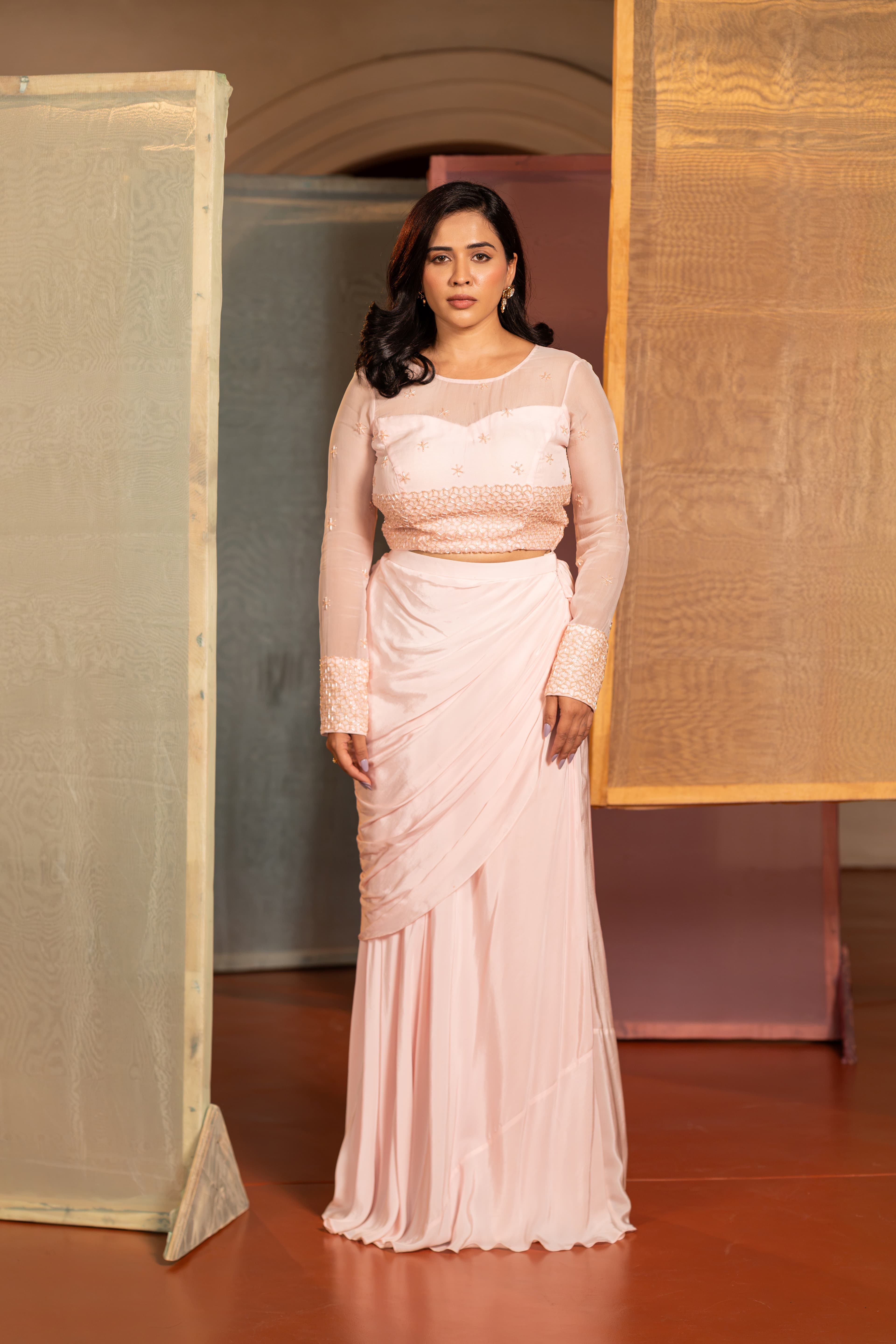Baby Pink Indo Western Set with western handwork.