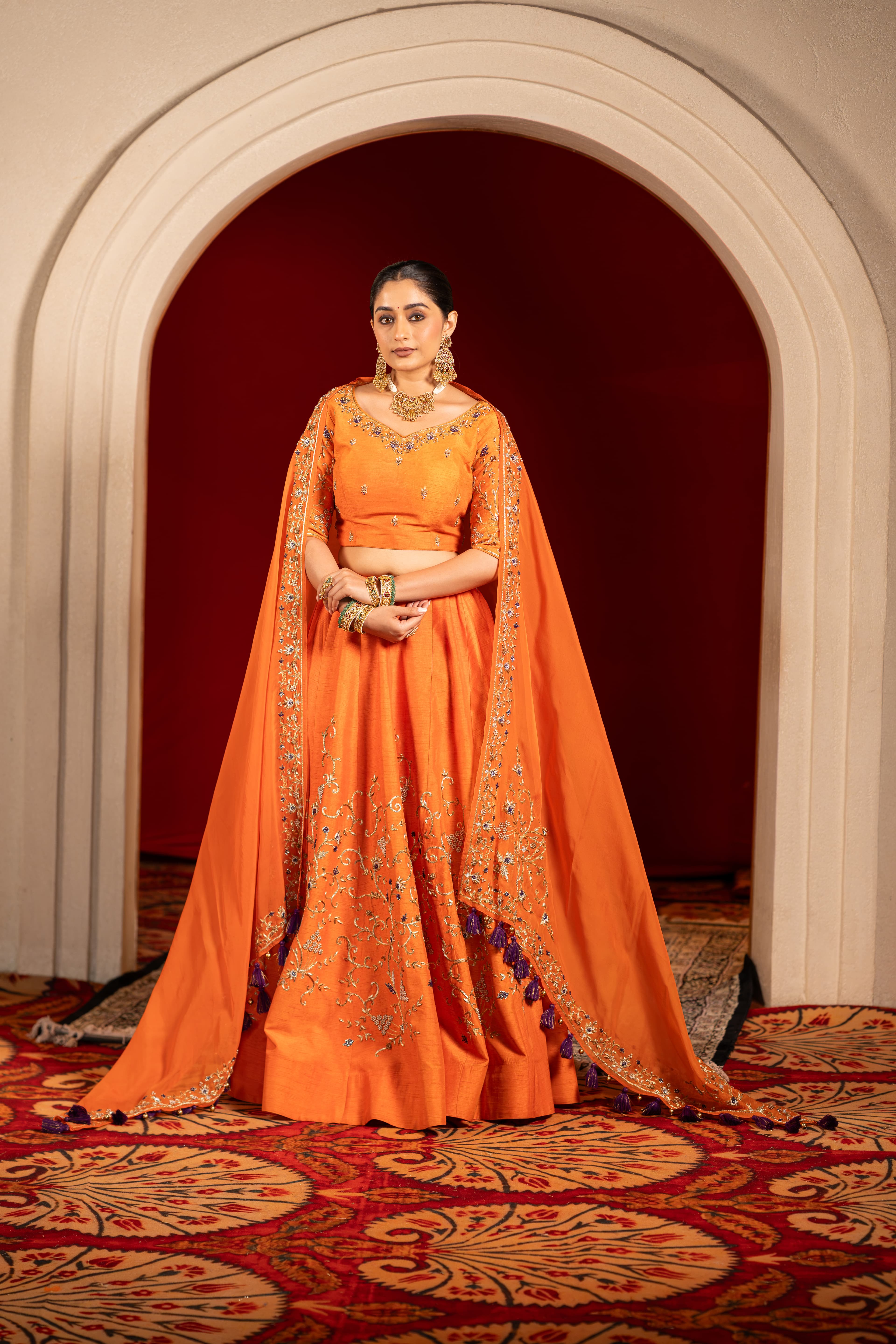 Orange Hand Embroidered Lehenga Set