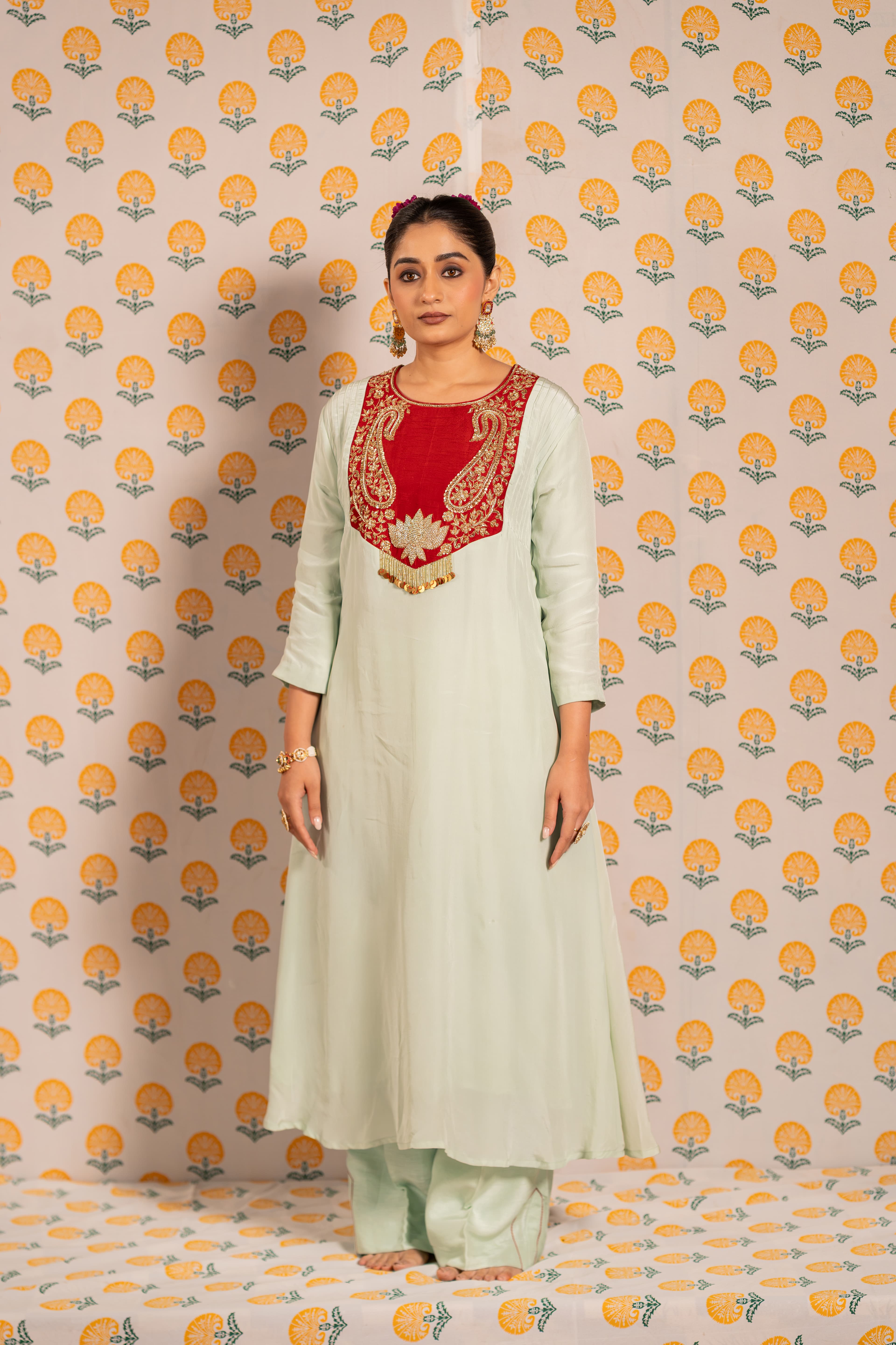 Pista green with red yoke Aline kurta set