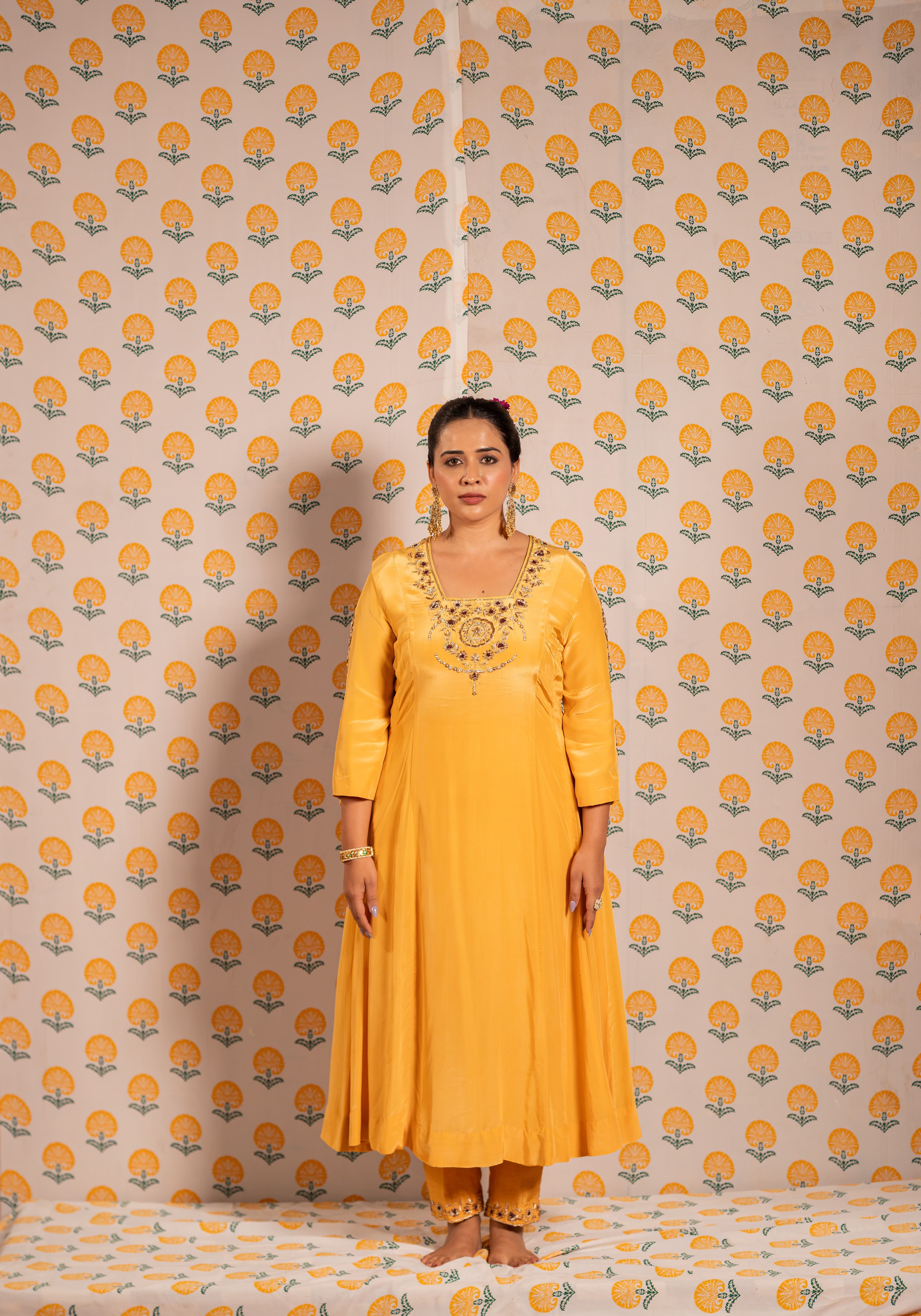 Yellow Handwork Aline kurta set