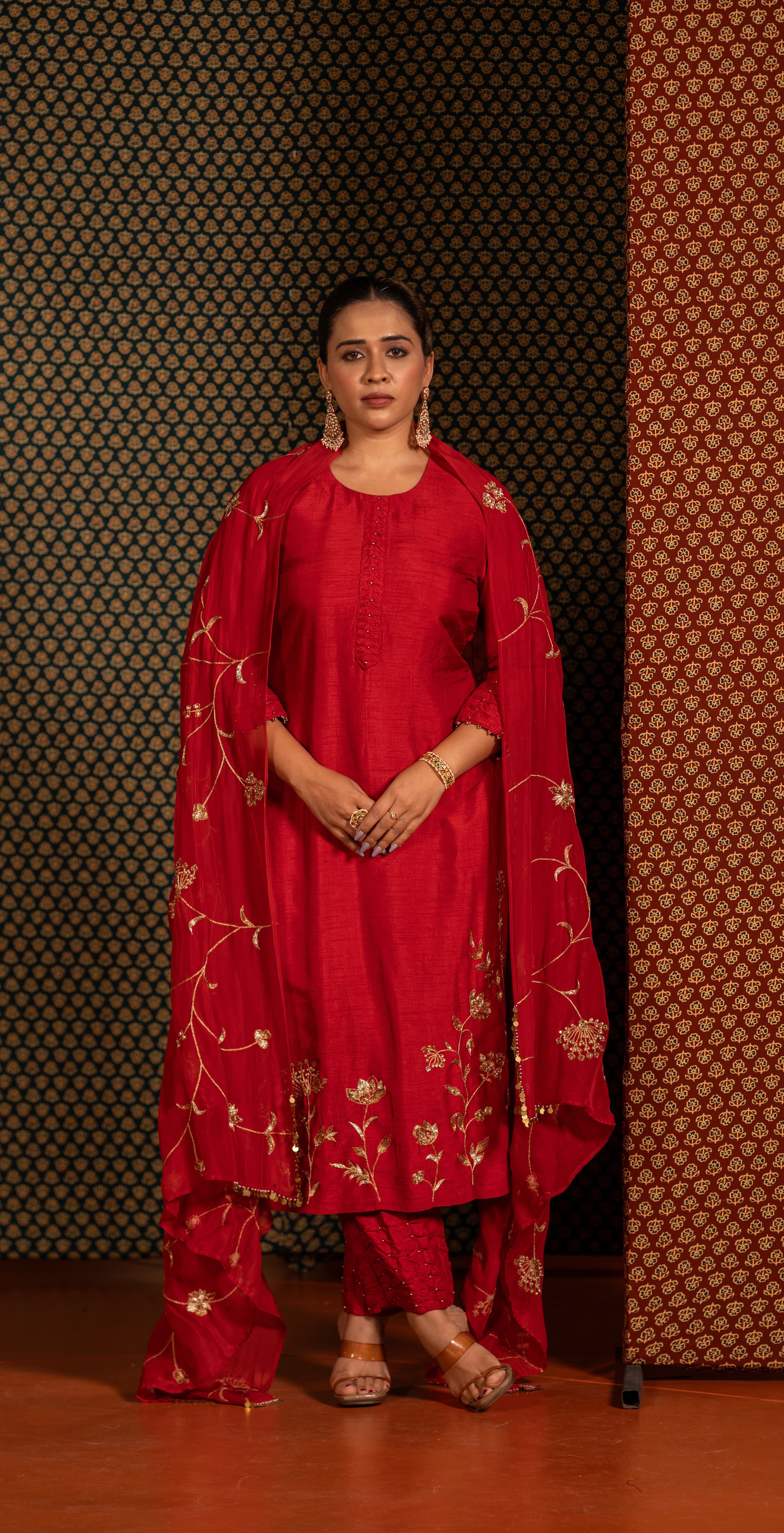 Red Kurta set with traditional floral handwork