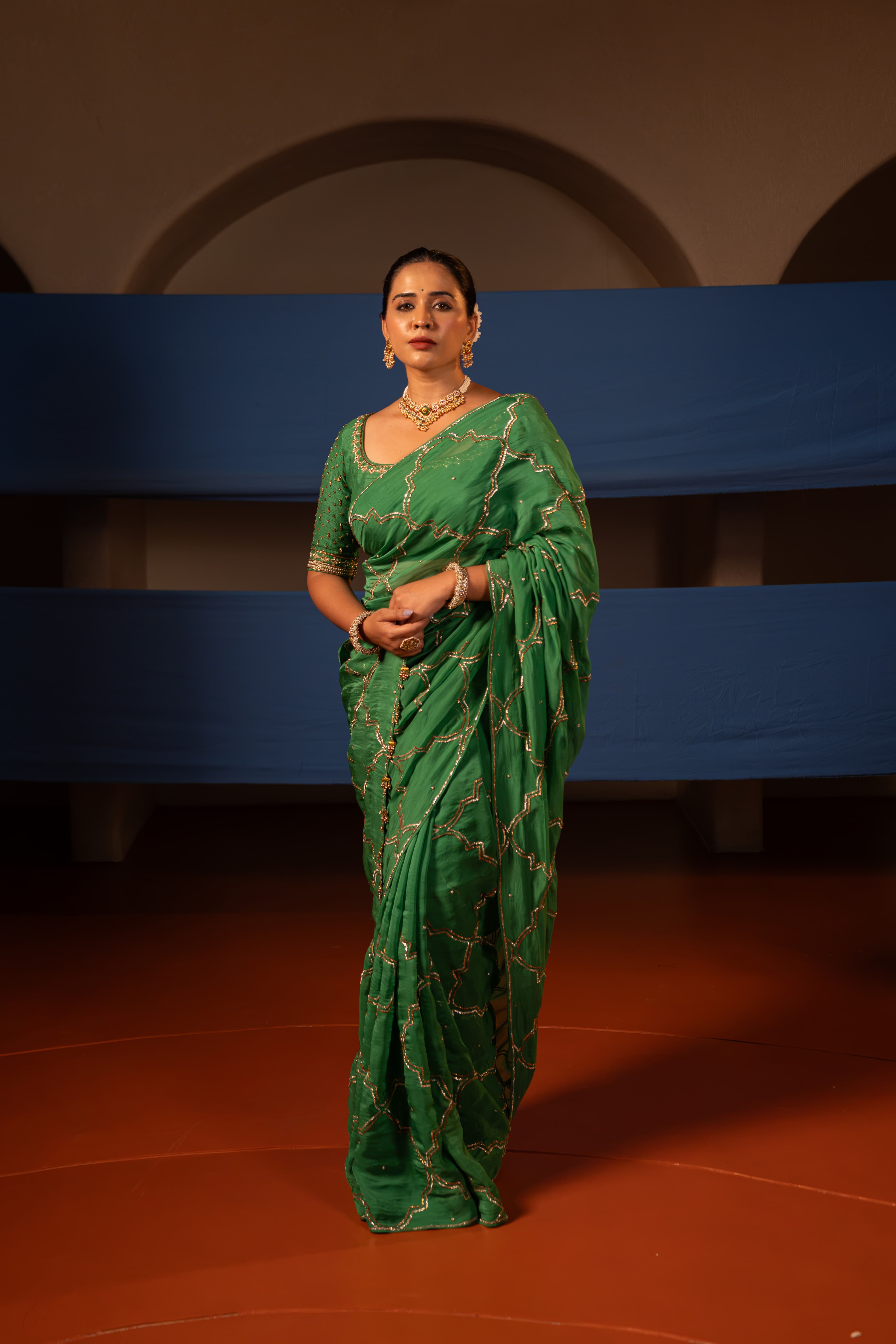 Green Pitta Work Saree with Hand work Blouse