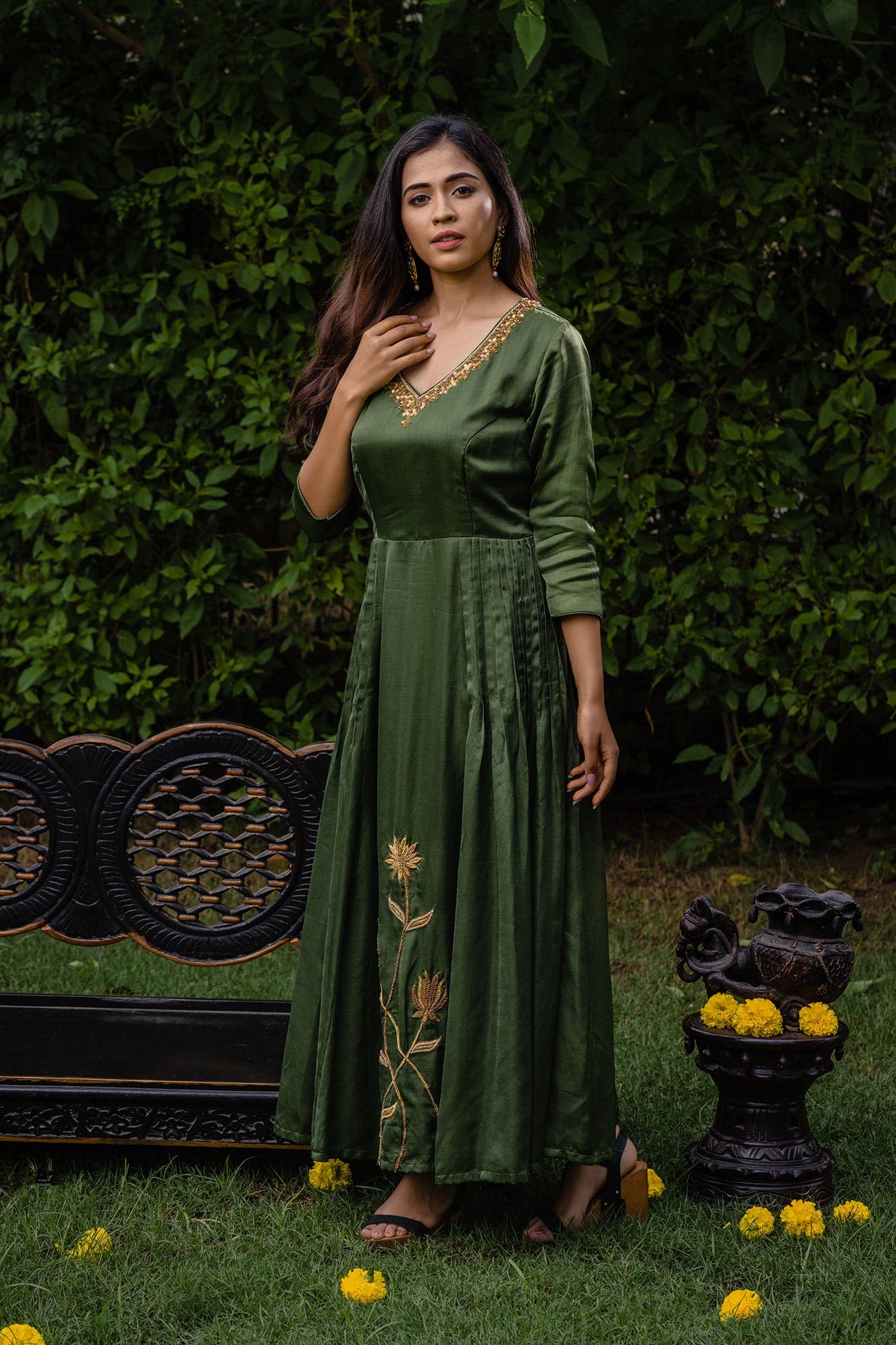 Craftsmanship detail — Green Pleated Long Dress