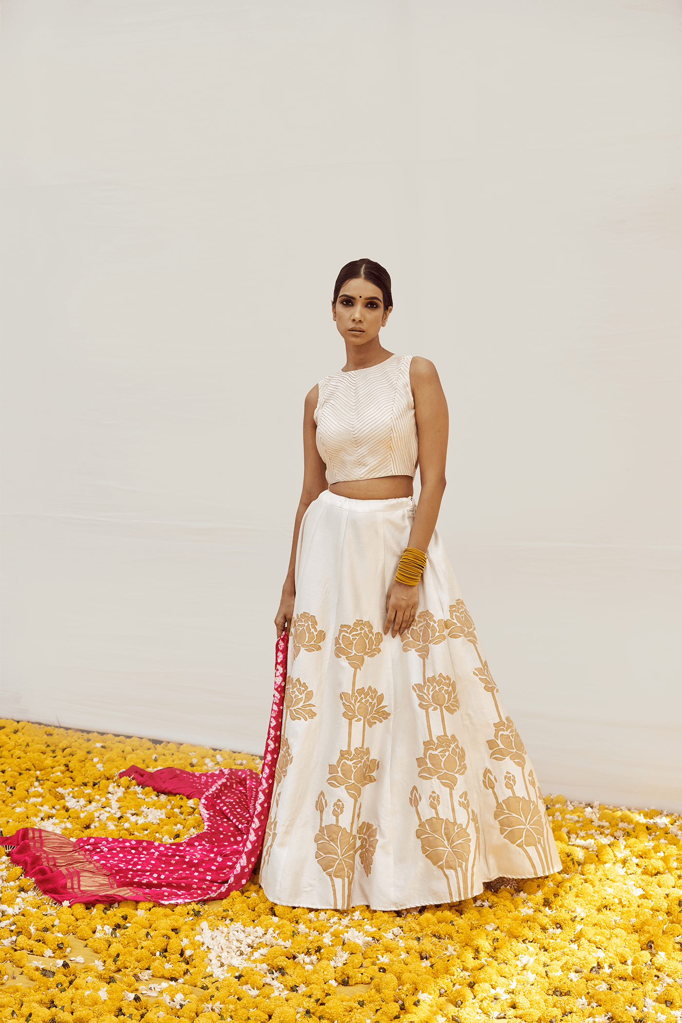 Craftsmanship detail — Ivory Lehenga set with Golden Patch Work