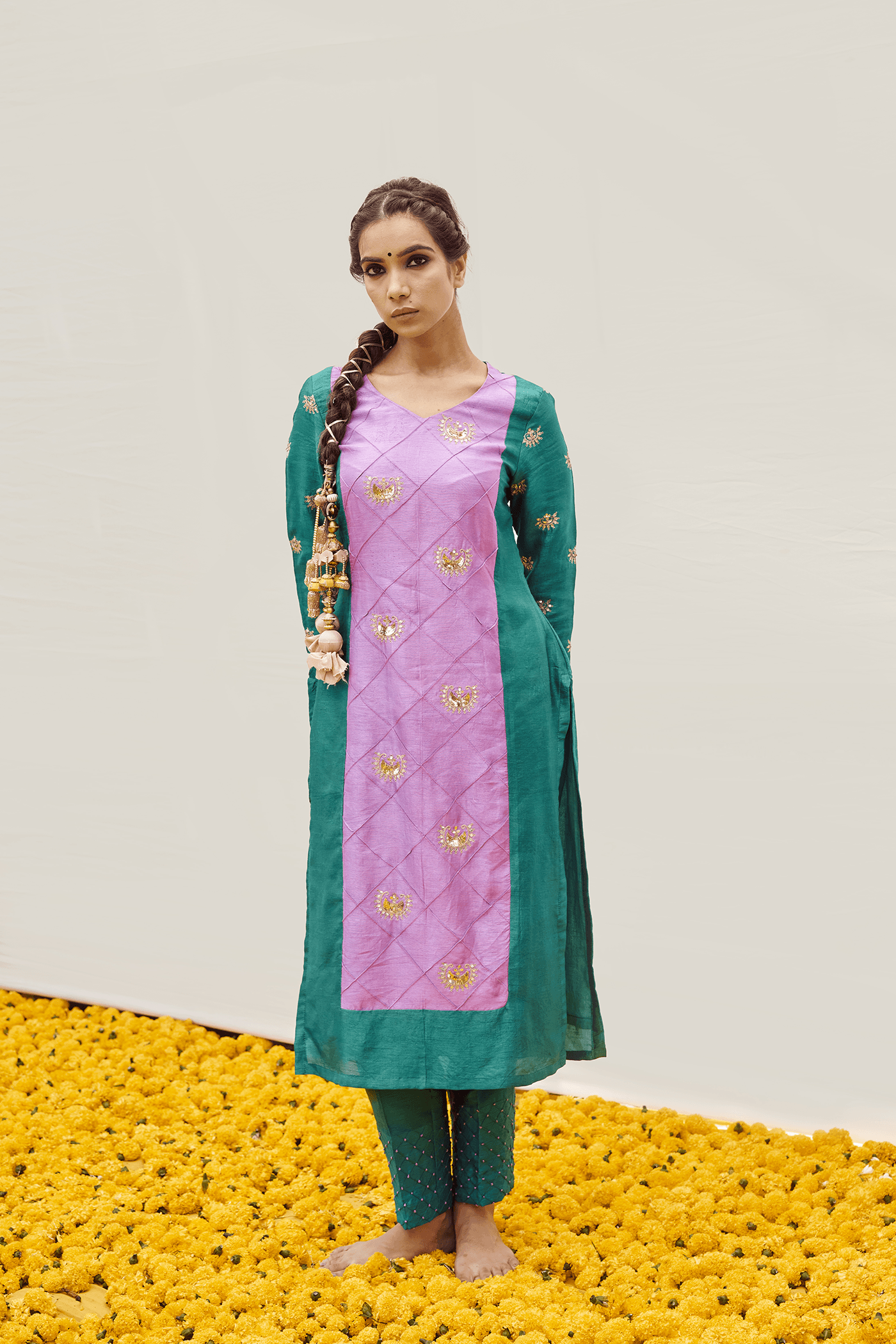 Pink- Aquamarine Dual colour kurta set with Handwork — view 1