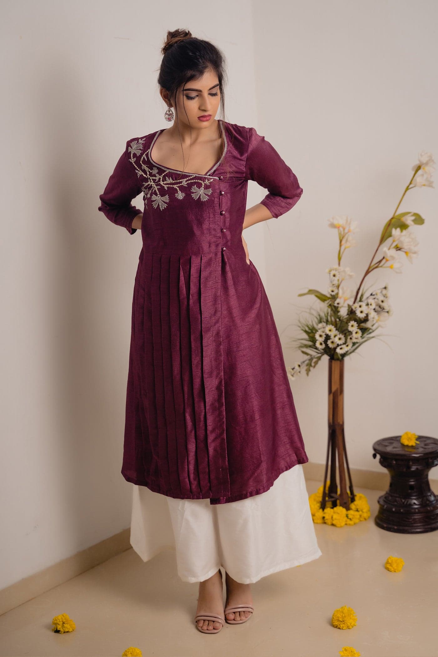 Craftsmanship detail — Wine Pleated Top with Hand work