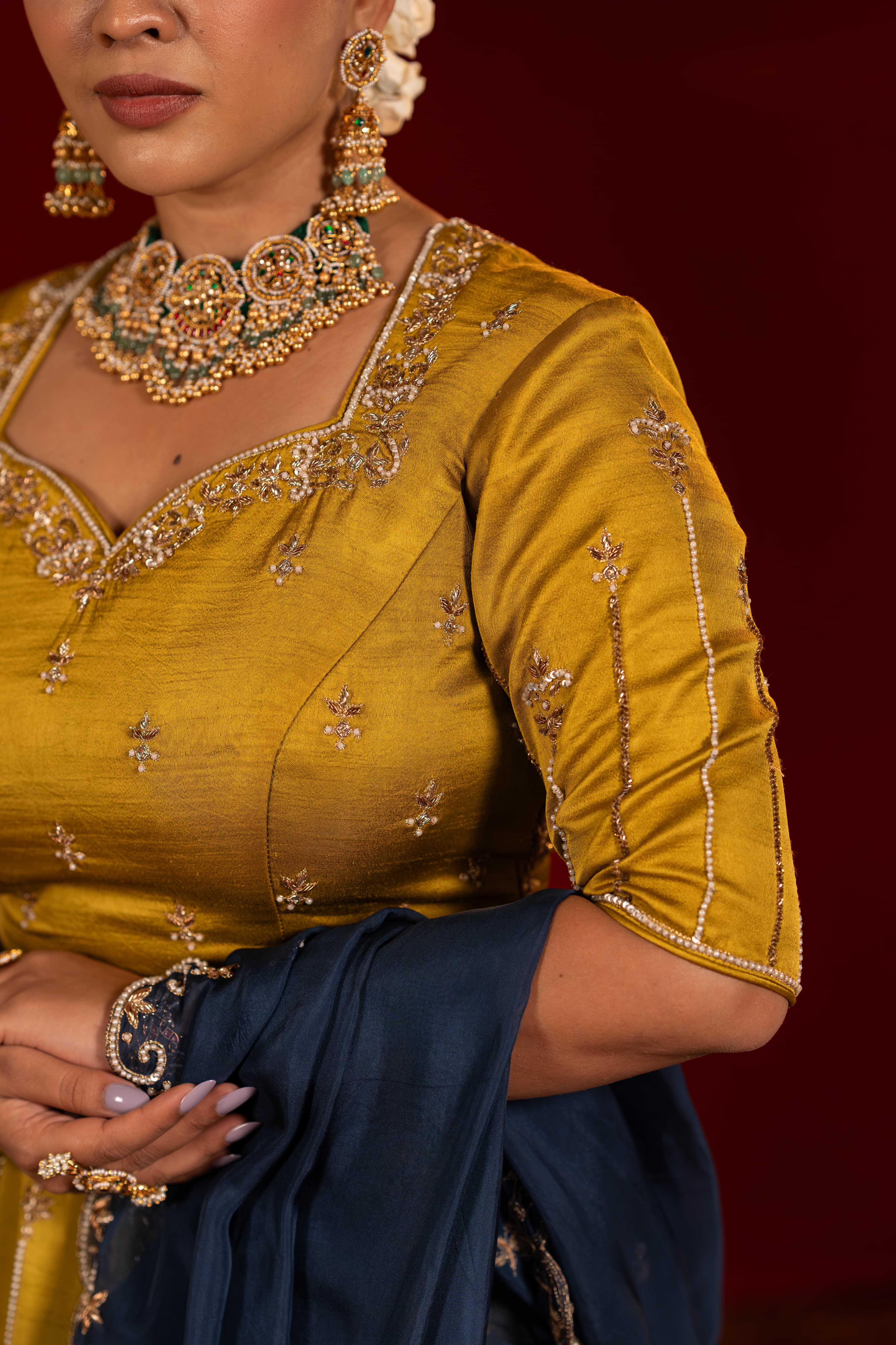 Craftsmanship detail — Mehendi Green Lehenga with Blue Dupatta Set