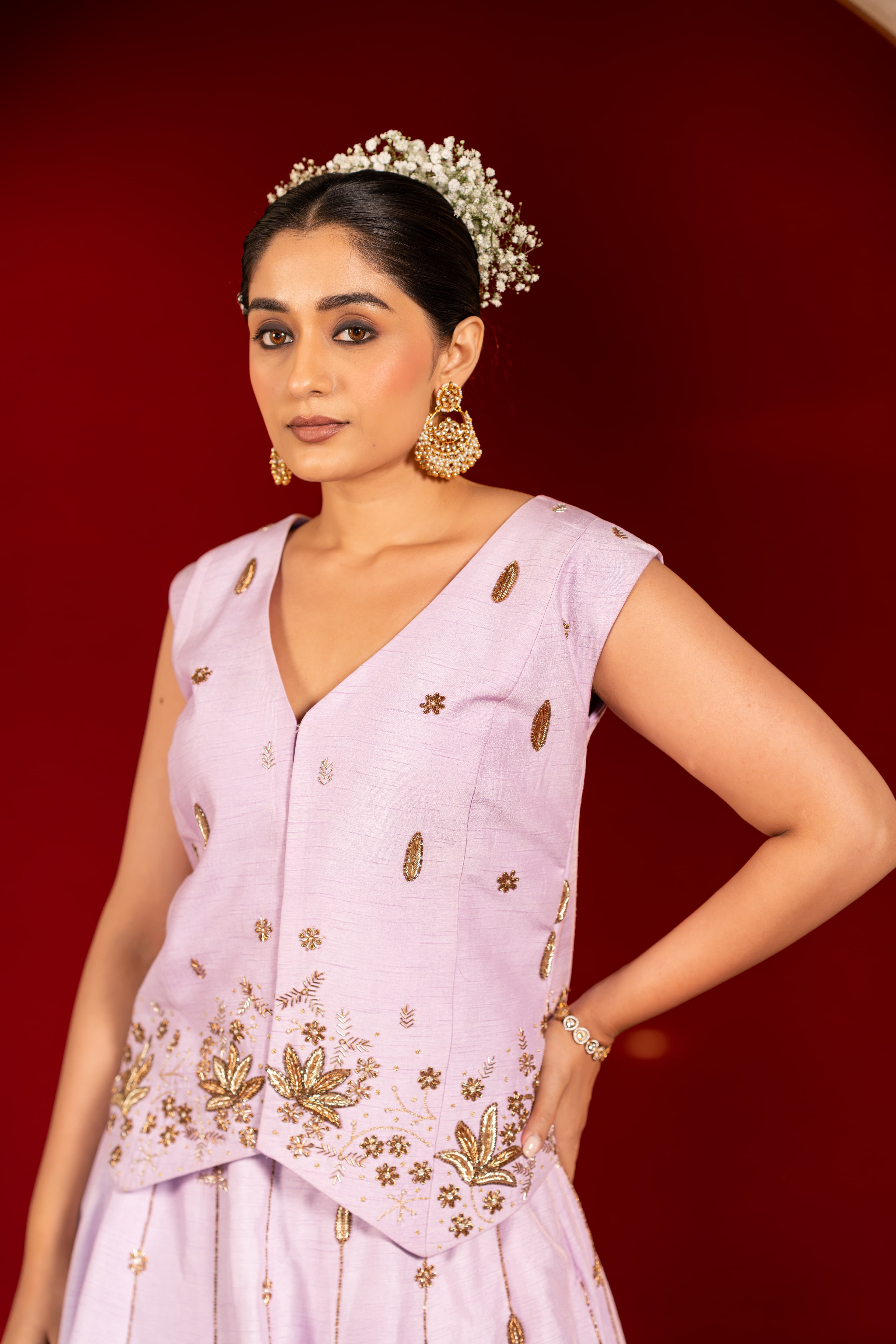 Craftsmanship detail — Lilac lehenga paired with a statement vest coat Set