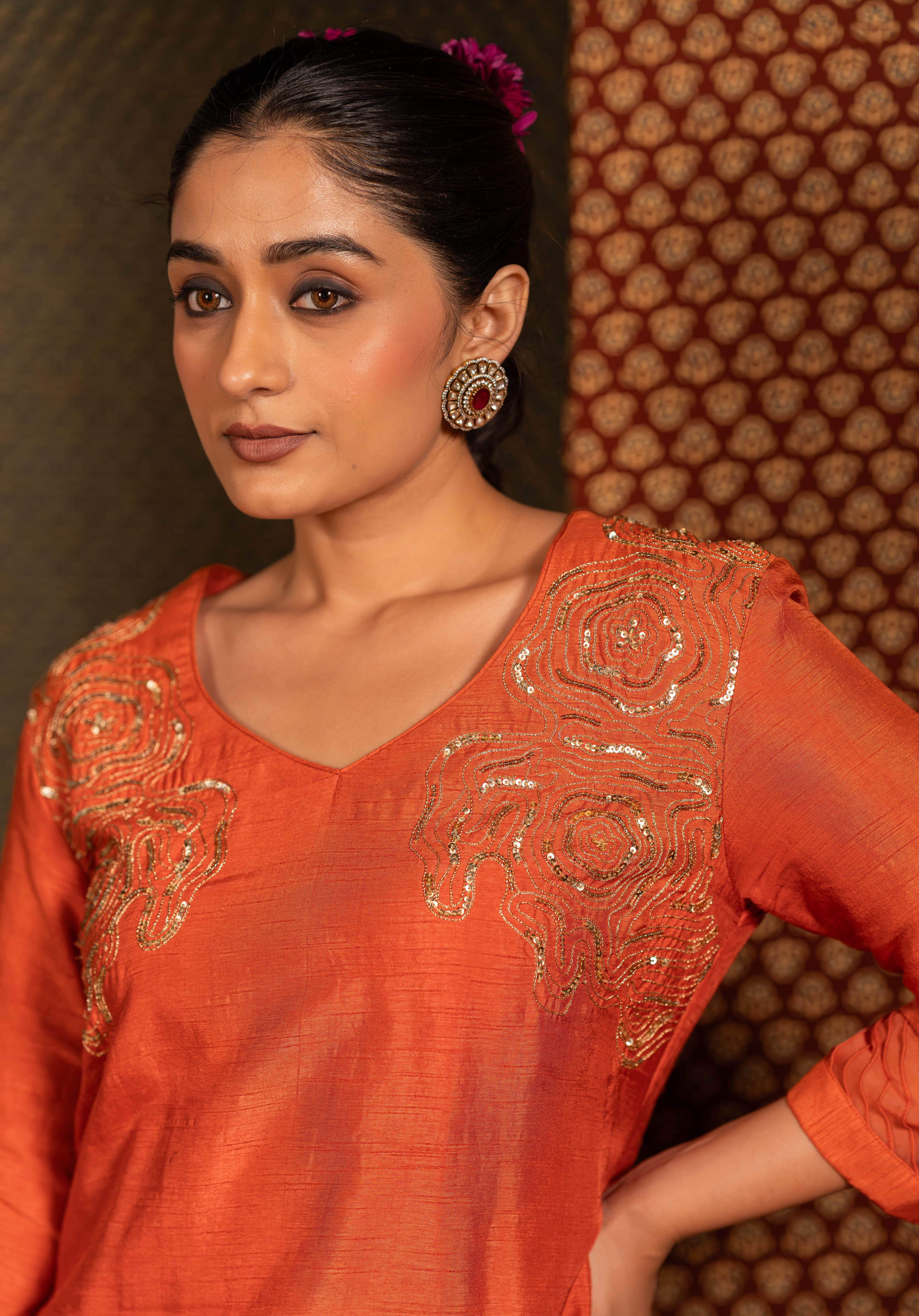 Craftsmanship detail — Orange Top Pant set with delicate handwork