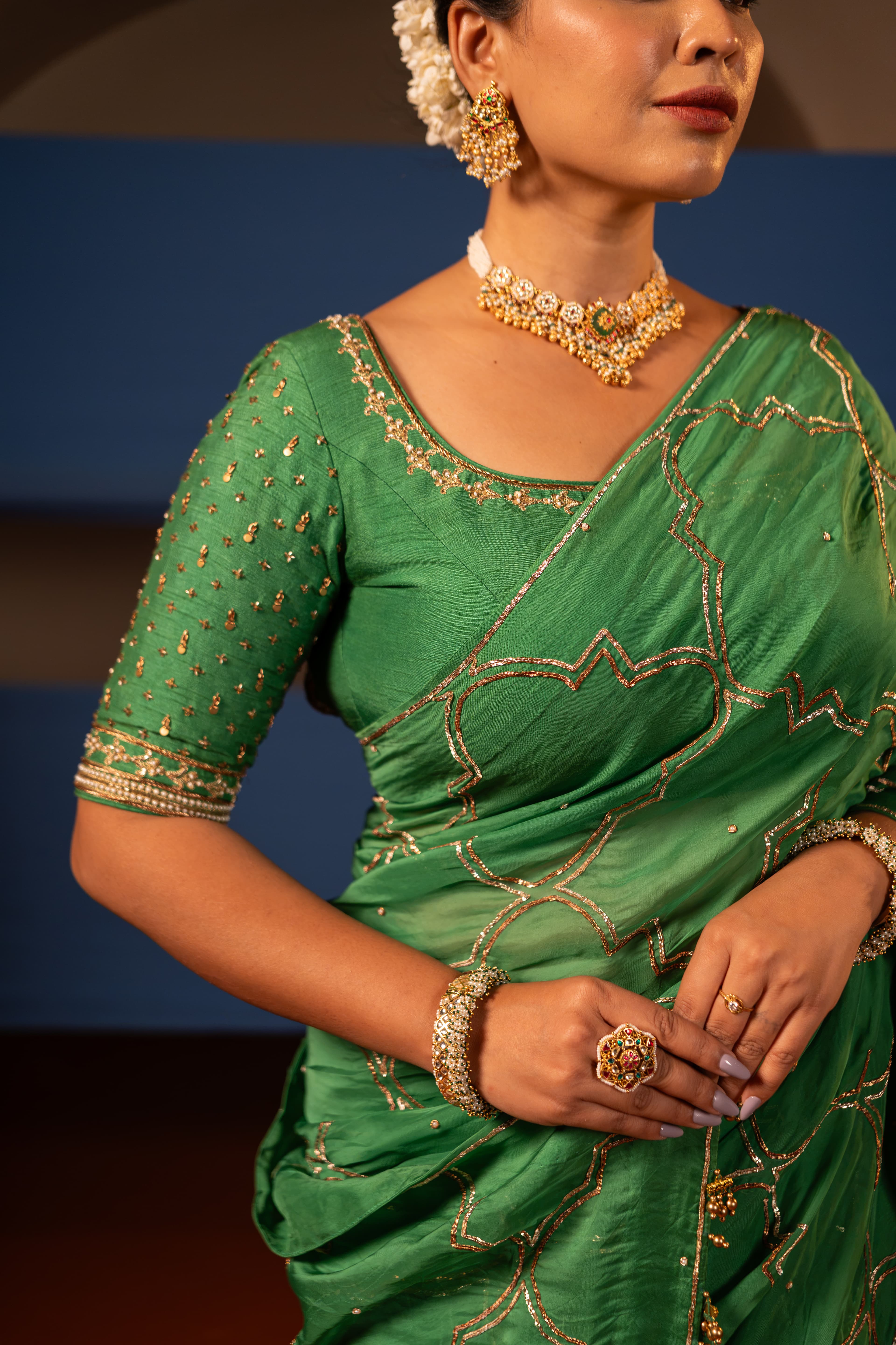 Craftsmanship detail — Green Pitta Work Saree with Hand work Blouse
